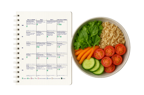 Speiseplan und Gemüse-Bowl